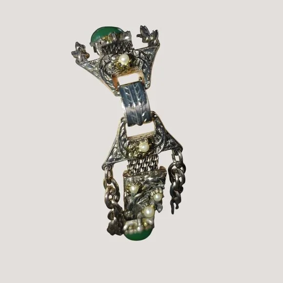 Bracelet Green Stone Cabochons Vintage Art Deco Silver Tone Faux Pearl Accents - Picture 9 of 9